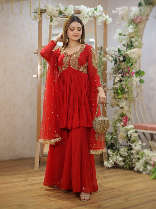✨ Karvachauth Special Red Georgette Plazzo Suit Set with Dupatta |