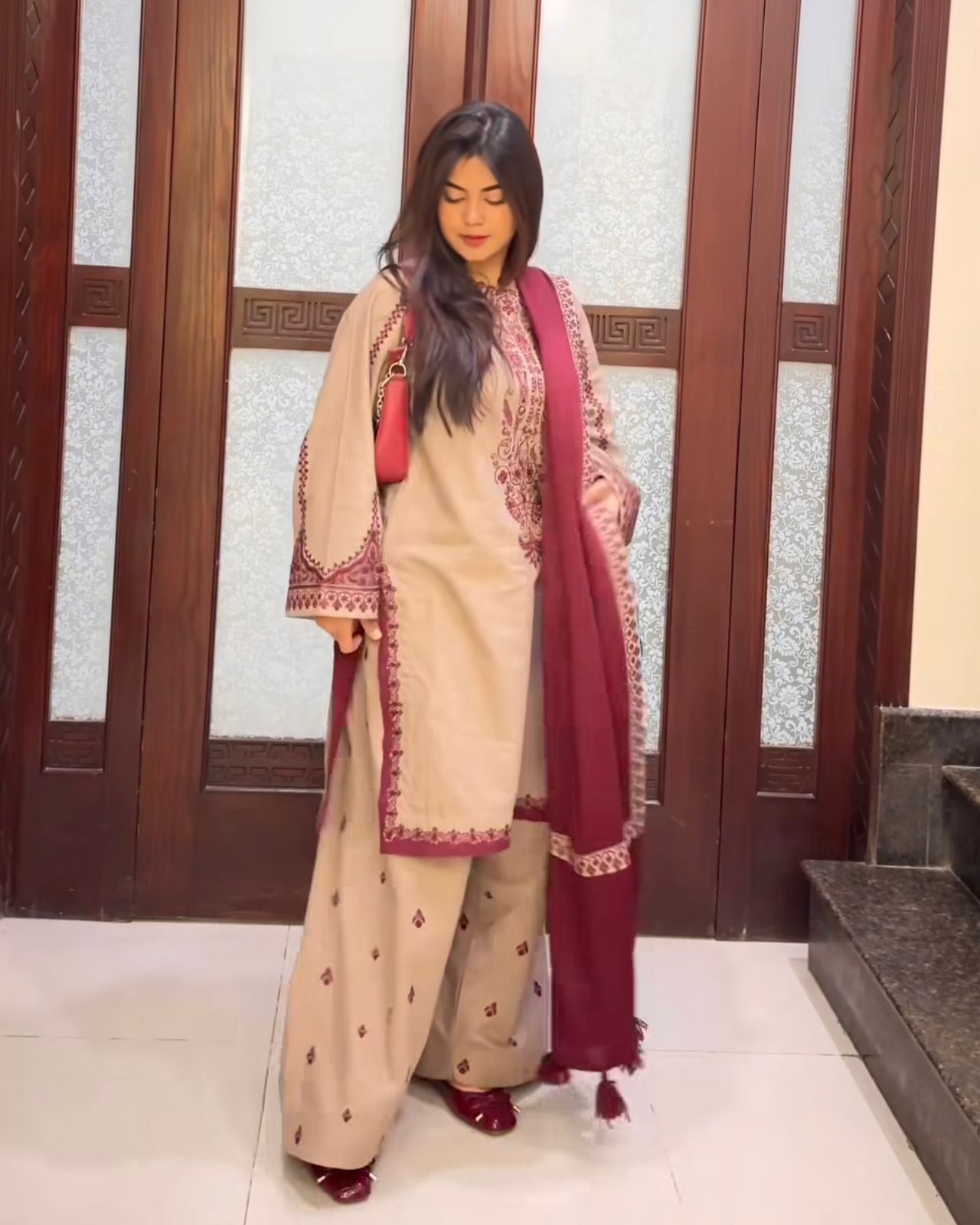 Faux Georgette Embroidered Kurti Farshi Dupatta Set