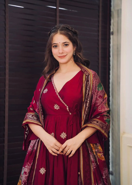 Designer Chinnon Embroidered Gown Plazzo Dupatta Set
