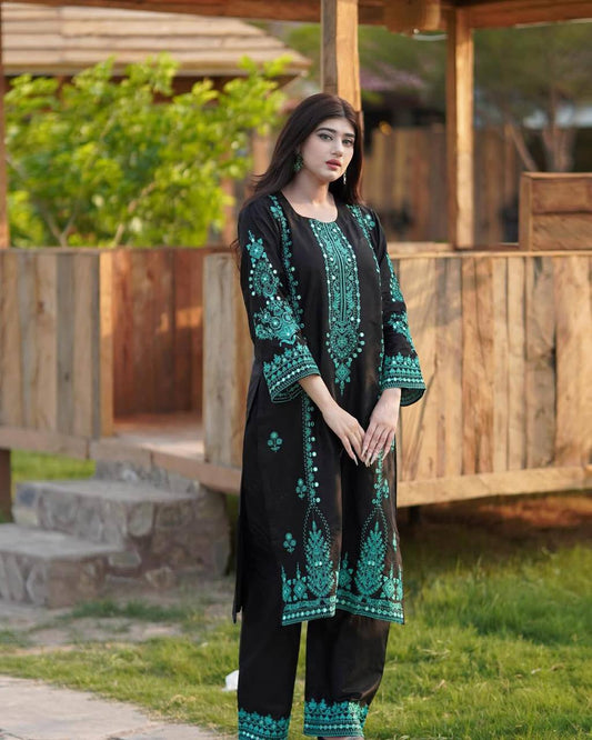 Exclusive Black Roman Silk Palazzo Set with Embroidery & Mirror Work – 3 Piece Suit with Dupatta✨