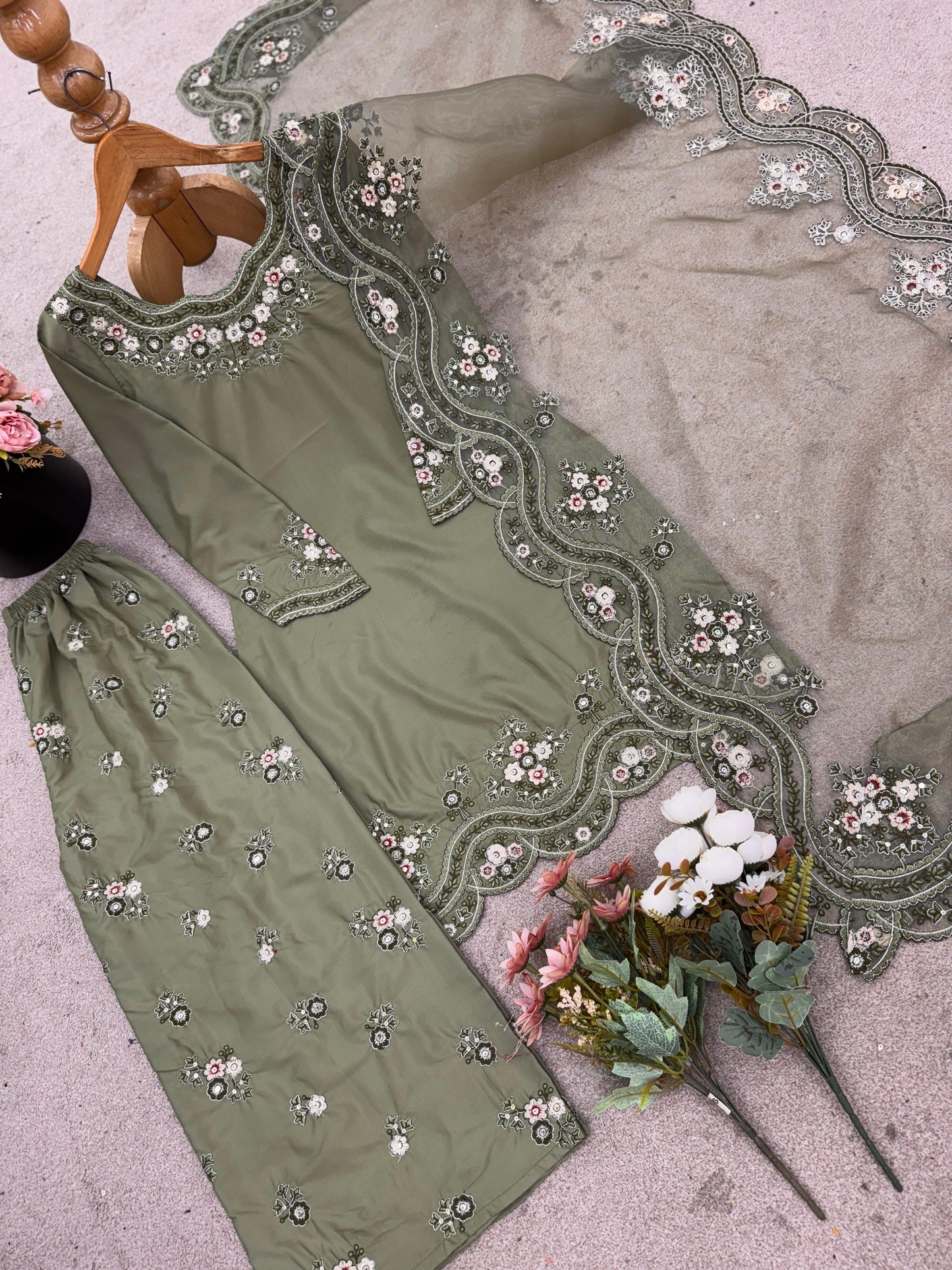 Designer French Crepe Silk Embroidered Sharara Set