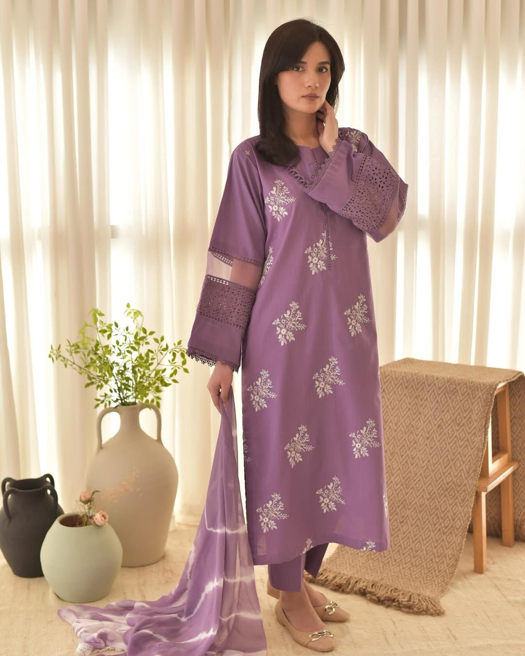 Designer Roman Silk Suit with Silver Chiffon Dupatta