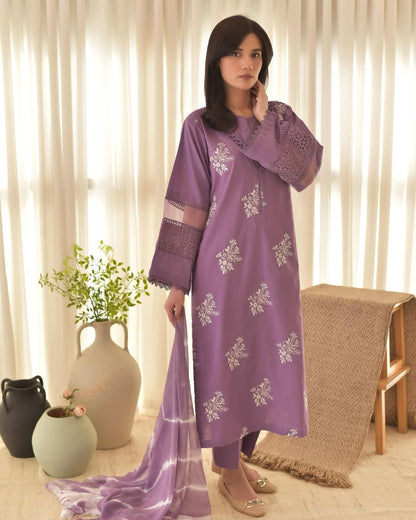 Designer Roman Silk Suit with Silver Chiffon Dupatta