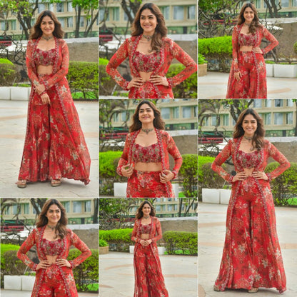 Bollywood Style Indo Western 3-Piece Koti, Sharara Plazzo & Embroidered Blouse Set.
