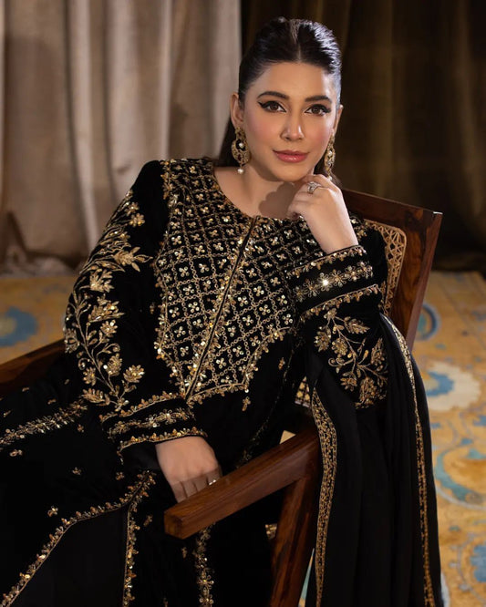Designer Velvet Embroidered Party Wear Set – Ready to Wear
