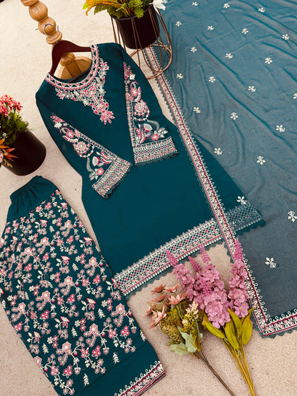 ✨ Designer Georgette Embroidered Top-Dhoti & Dupatta Set  ✨