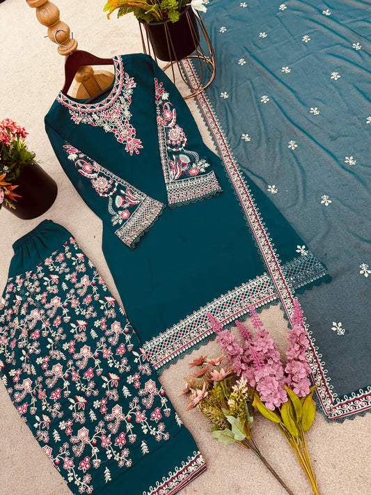 ✨ Designer Georgette Embroidered Top-Dhoti & Dupatta Set  ✨
