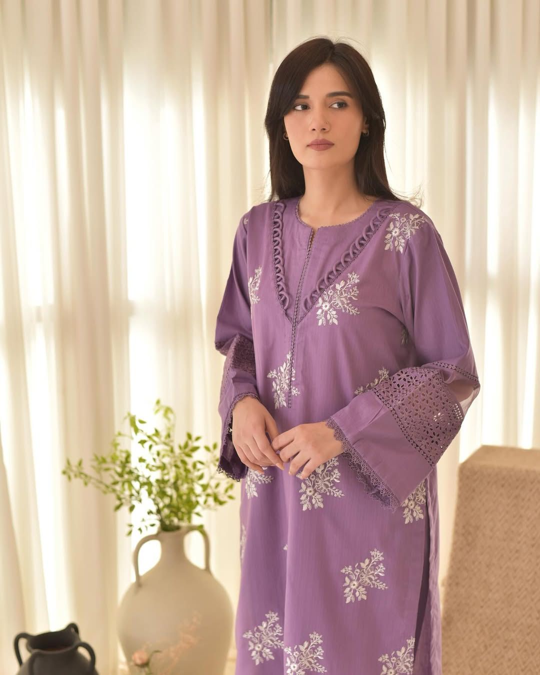 Designer Roman Silk Suit with Silver Chiffon Dupatta