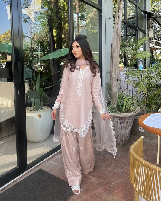 Roman Silk Embroidered Top-Farshi Salwar Set