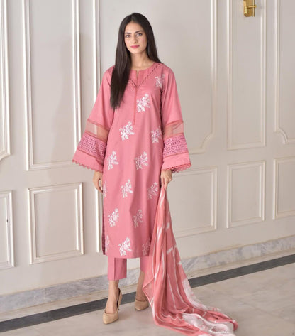 Designer Roman Silk Suit with Silver Chiffon Dupatta