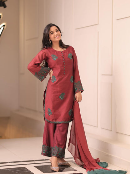 Premium French Crepe Silk Embroidered Suit Set