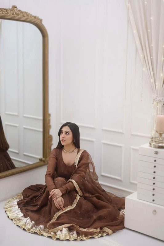 Designer Moti Work Gown Set with Dupatta – Ready to Wear