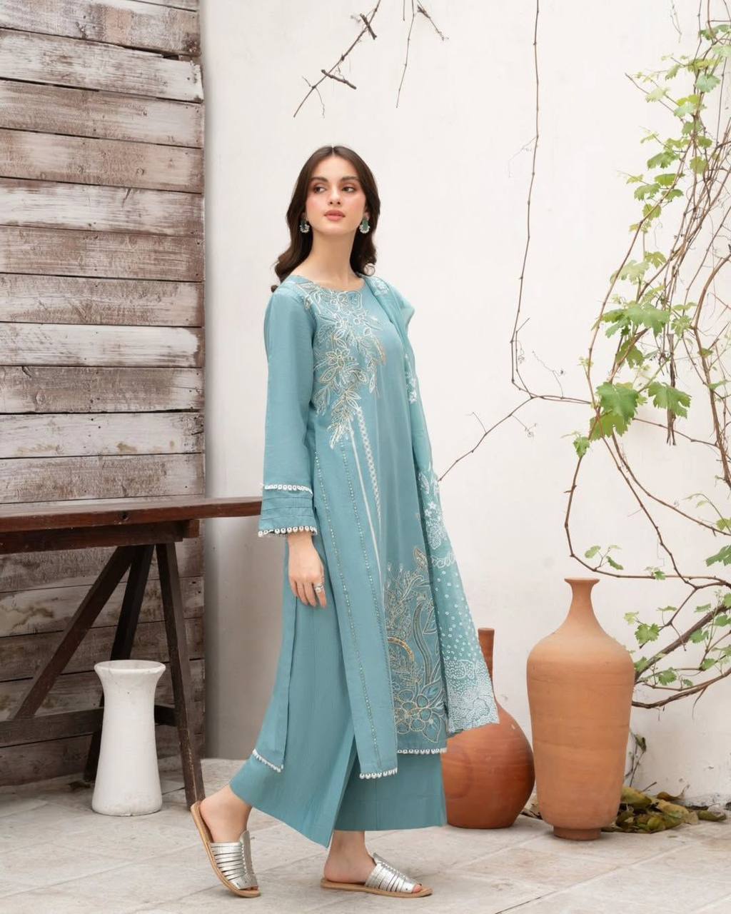 Designer Roman Silk Suit with Sequence Embroidery | Top, Palazzo & Dupatta Set