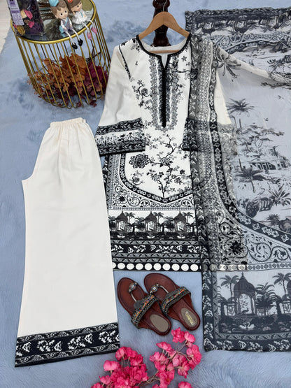 Printed Pure Malai Satin 3-Piece Co-Ord Set with Dupatta