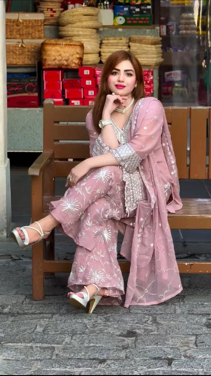 Elegant Embroidered Fox Georgette Kurti Plazzo & Dupatta Set