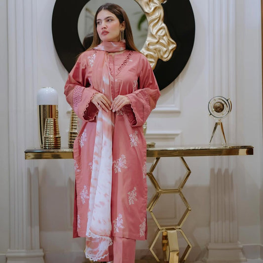 Designer Roman Silk Suit with Silver Chiffon Dupatta