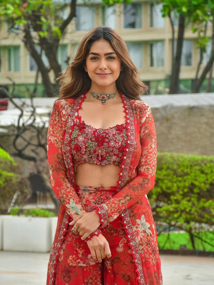 Bollywood Style Indo Western 3-Piece Koti, Sharara Plazzo & Embroidered Blouse Set.