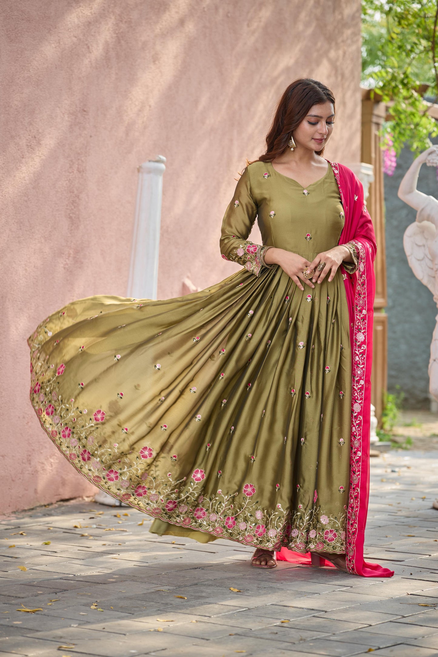 Pure Rangoli Silk Embroidered Gown-Pant-Dupatta Set