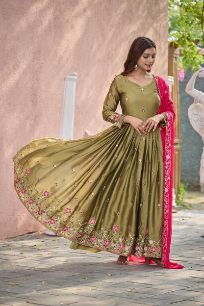 Pure Rangoli Silk Embroidered Gown-Pant-Dupatta Set