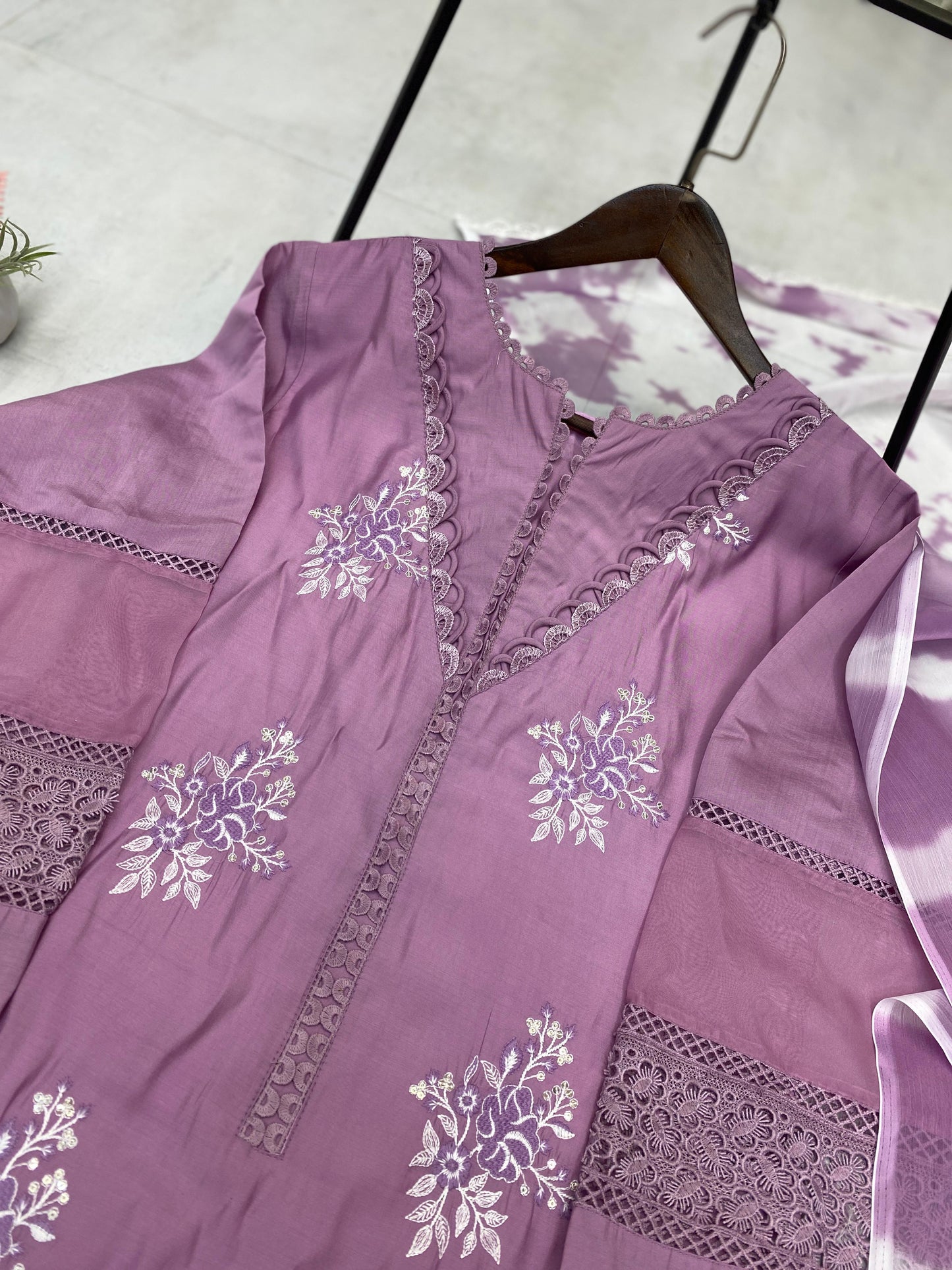Designer Roman Silk Suit with Silver Chiffon Dupatta