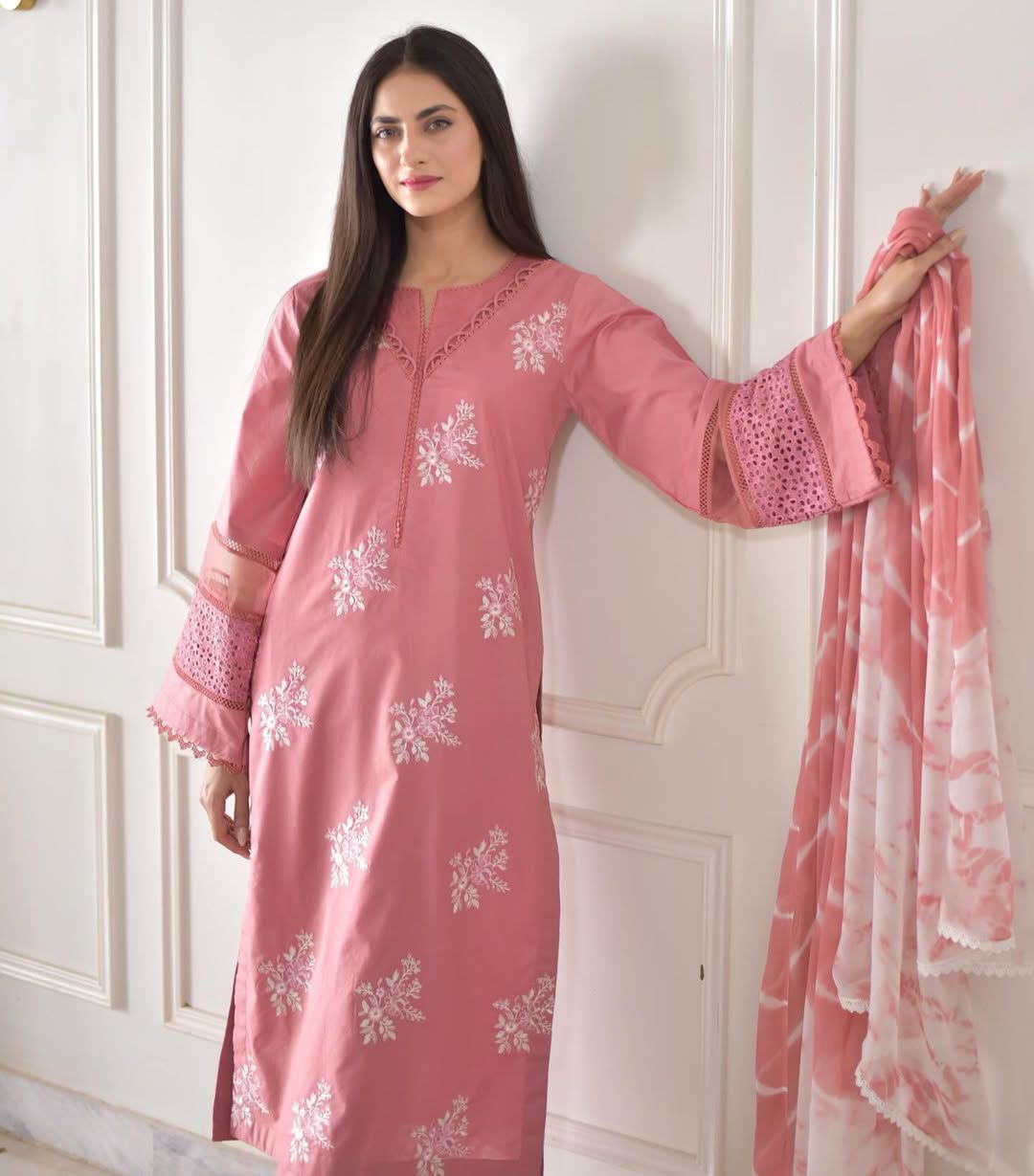 Designer Roman Silk Suit with Silver Chiffon Dupatta