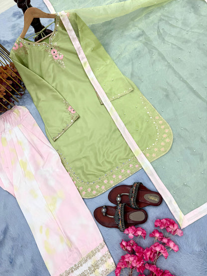 Designer Natural Crepe Top & Farshi Palazzo Set with Dupatta