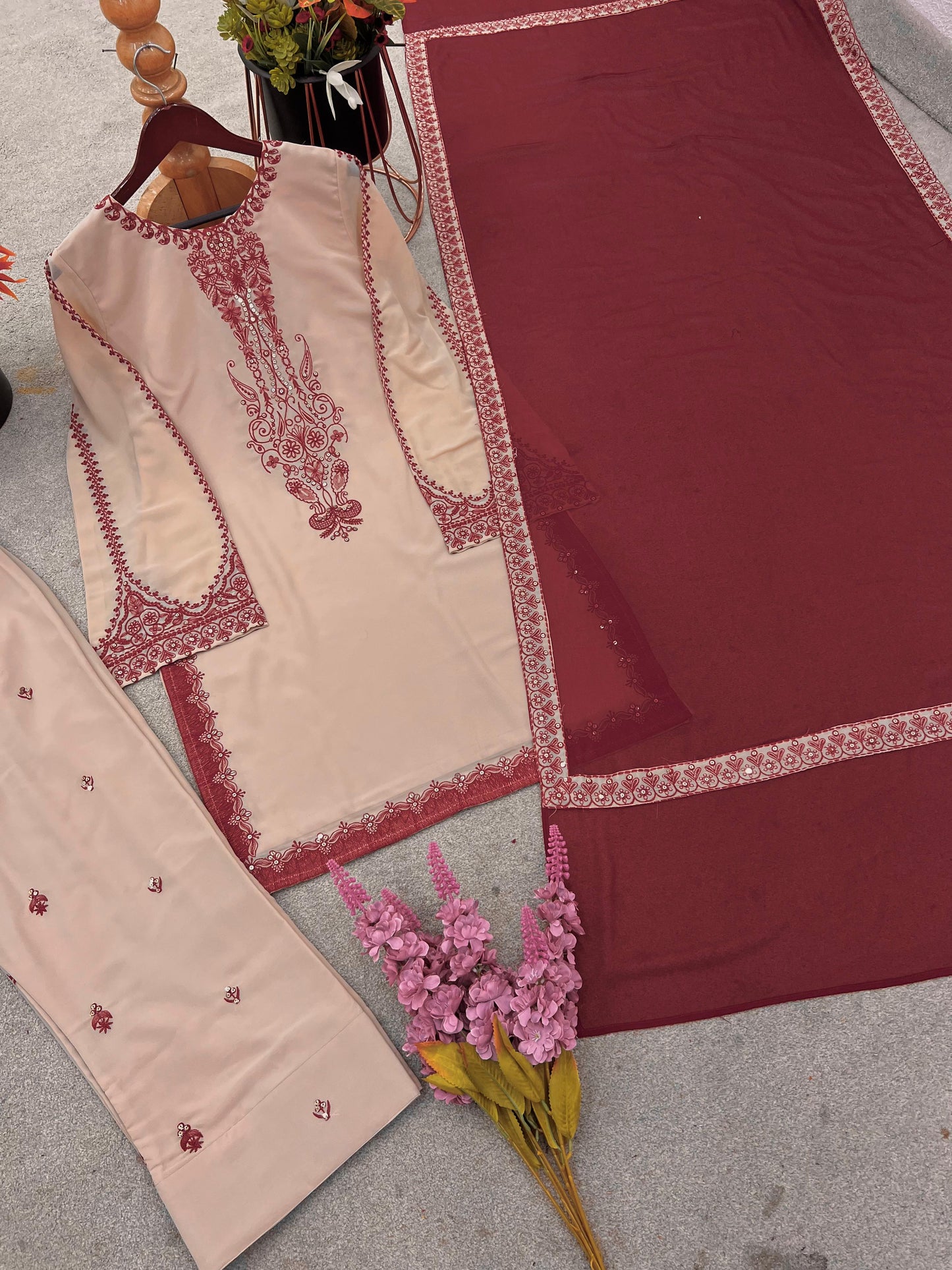 Faux Georgette Embroidered Kurti Farshi Dupatta Set