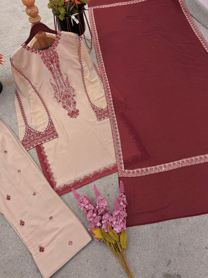 Faux Georgette Embroidered Kurti Farshi Dupatta Set