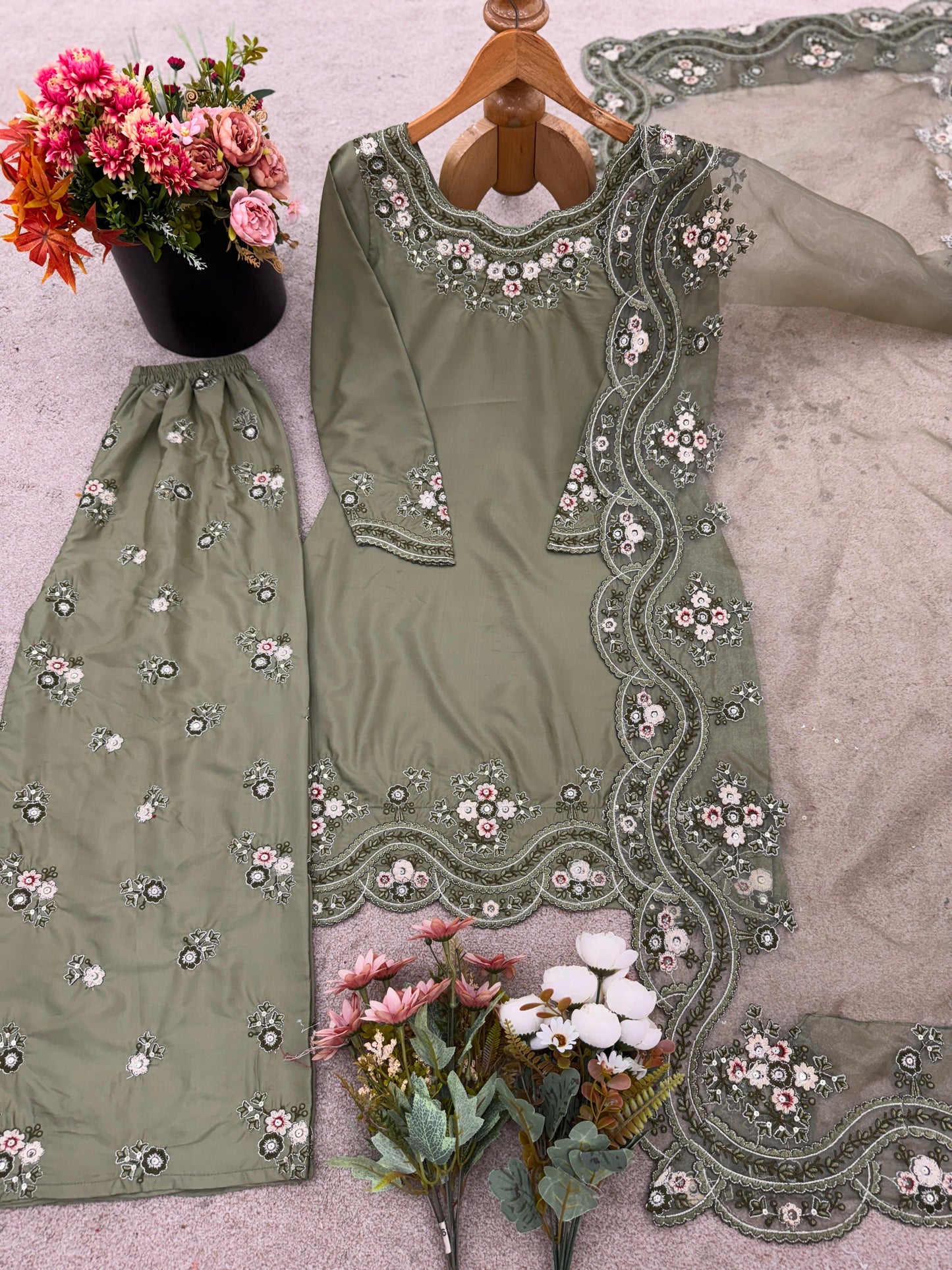 Designer French Crepe Silk Embroidered Sharara Set