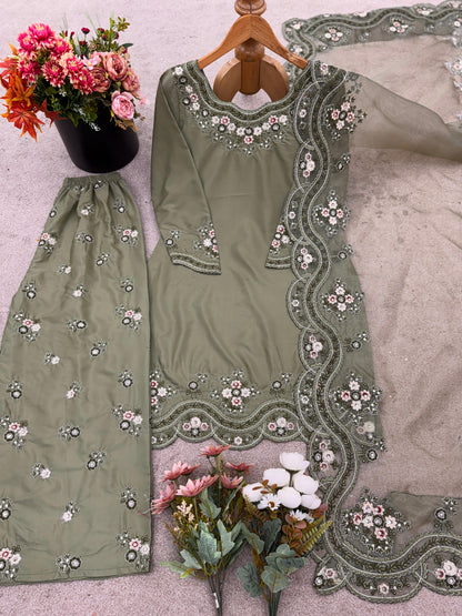 Designer French Crepe Silk Embroidered Sharara Set