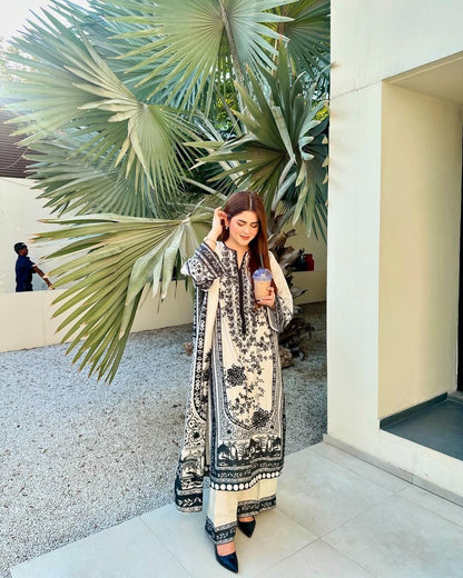 Printed Pure Malai Satin 3-Piece Co-Ord Set with Dupatta