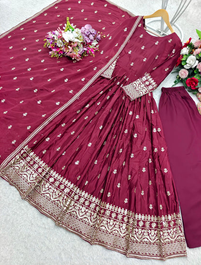 Heavy Pure Chinon Silk Embroidered Gown Set