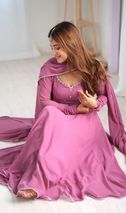 Premium Faux Georgette Embroidered Gown with Pant & Dupatta Set