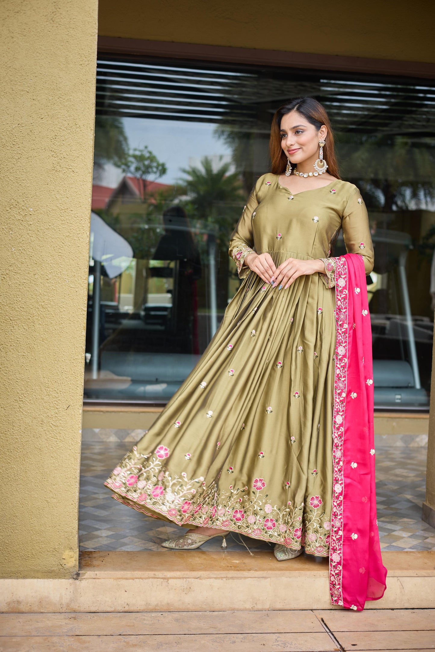 Pure Rangoli Silk Embroidered Gown-Pant-Dupatta Set