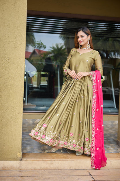 Pure Rangoli Silk Embroidered Gown-Pant-Dupatta Set
