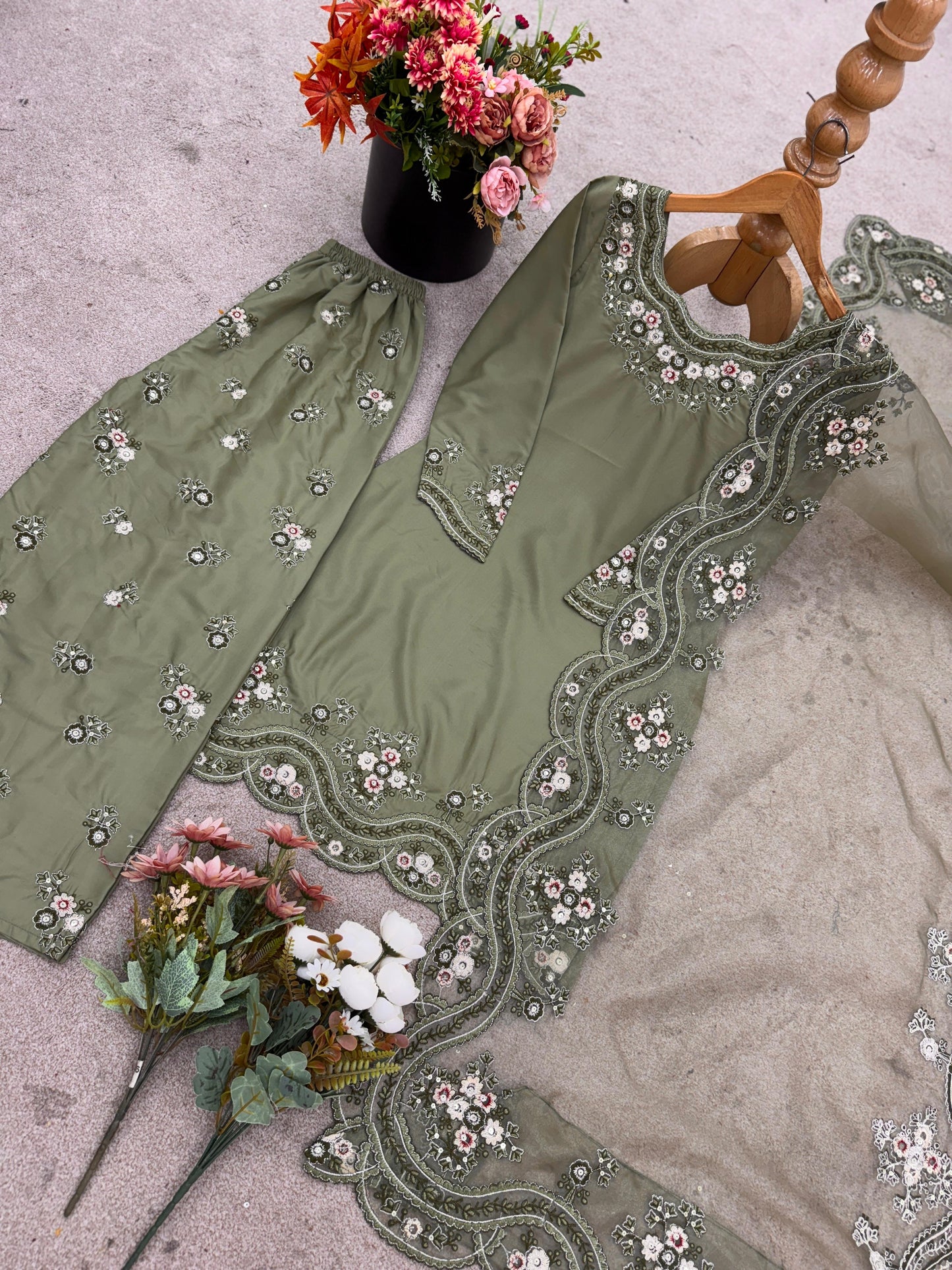 Designer French Crepe Silk Embroidered Sharara Set