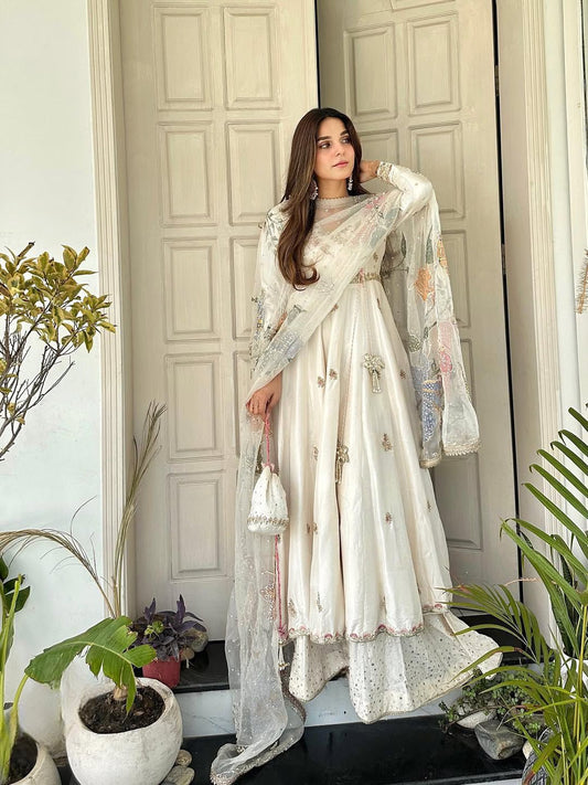 Exclusive Designer Chinon Sequence Embroidered 3 Piece Gown Set with Plazzo & Dupatta