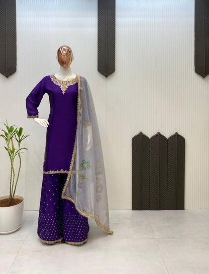 ✨ Exclusive Chinon 3-Piece Plazzo Set with Dupatta | Sequins Embroidery | Premium Quality ✨