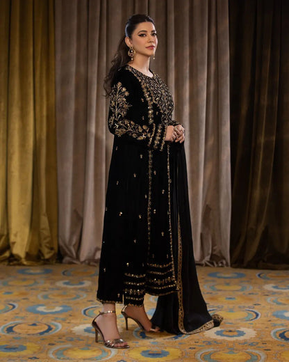 Designer Velvet Embroidered Party Wear Set – Ready to Wear