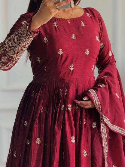 Heavy Pure Chinon Silk Embroidered Gown Set