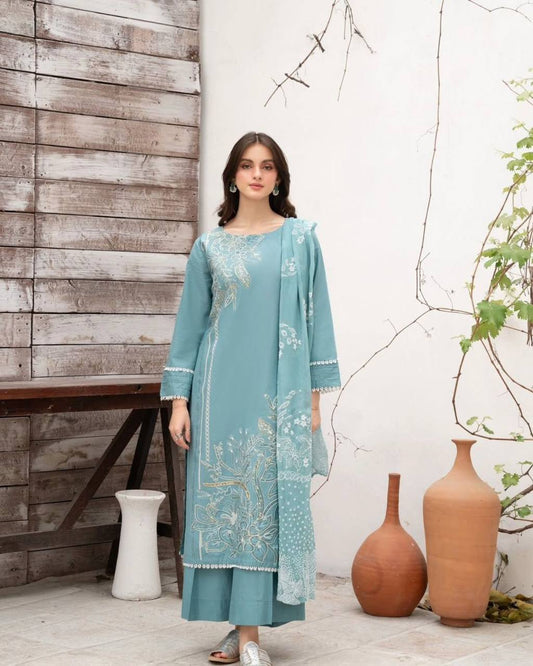 Designer Roman Silk Suit with Sequence Embroidery | Top, Palazzo & Dupatta Set