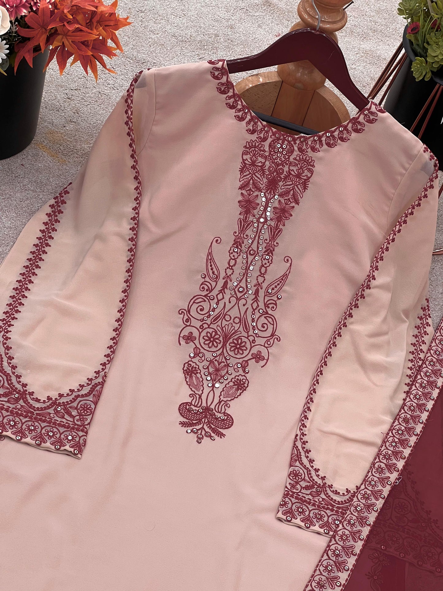 Faux Georgette Embroidered Kurti Farshi Dupatta Set