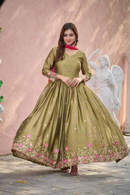 Pure Rangoli Silk Embroidered Gown-Pant-Dupatta Set