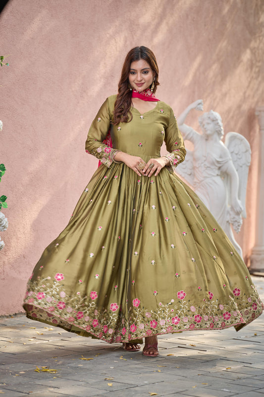 Pure Rangoli Silk Embroidered Gown-Pant-Dupatta Set