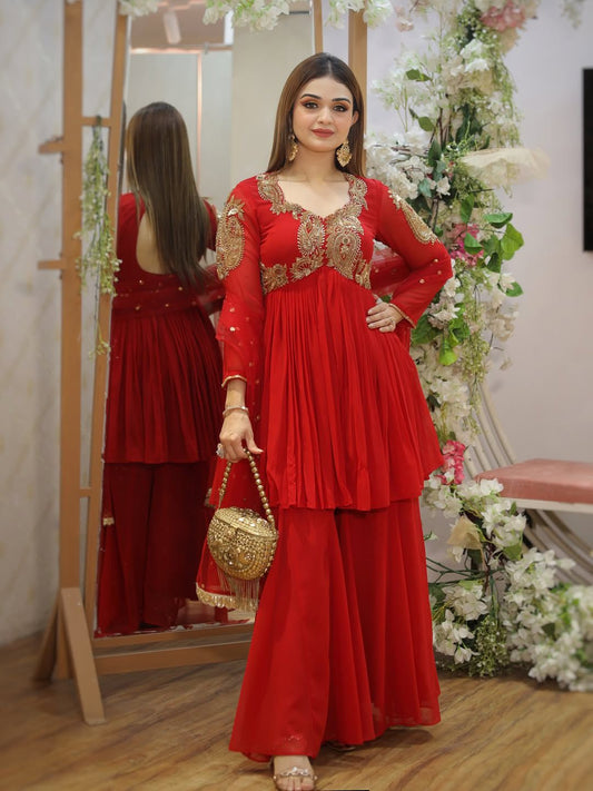 ✨ Karvachauth Special Red Georgette Plazzo Suit Set with Dupatta |