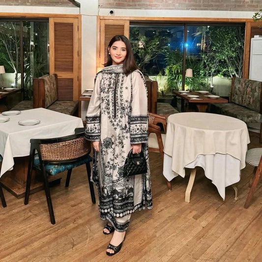 Printed Pure Malai Satin 3-Piece Co-Ord Set with Dupatta