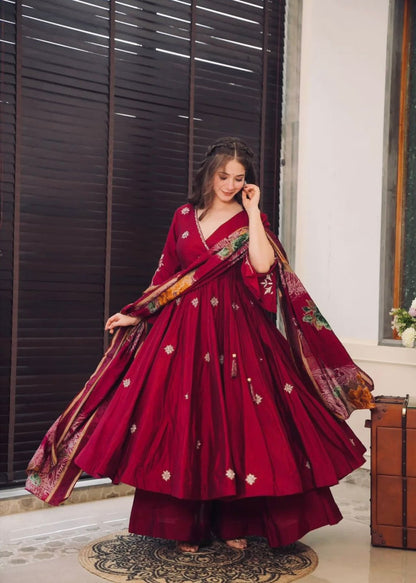 Designer Chinnon Embroidered Gown Plazzo Dupatta Set