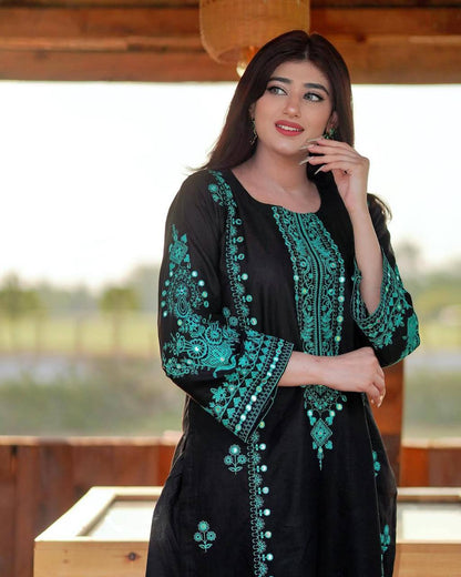 Exclusive Black Roman Silk Palazzo Set with Embroidery & Mirror Work – 3 Piece Suit with Dupatta✨