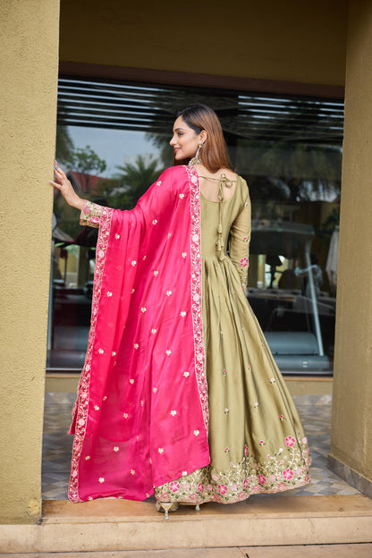 Pure Rangoli Silk Embroidered Gown-Pant-Dupatta Set