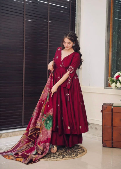 Designer Chinnon Embroidered Gown Plazzo Dupatta Set